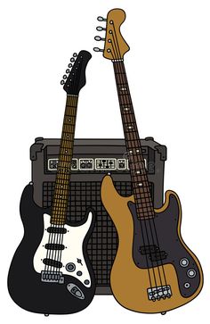 two guitars and an amp are sitting next to each other on a white background illustration