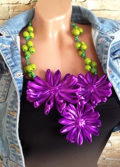 Statement necklace Ultraviolet & green flowers bib necklace | Etsy Handmade Necklaces For Spring Parties, Handmade Bold Necklace For Party, Bold Handmade Necklace For Party, Bold Handmade Green Jewelry, Bohemian Green Flower Necklace, Handmade Green Beaded Necklace For Spring, Unique Flower Necklaces For Party, Green Handmade Bib Necklace For Parties, Unique Flower-shaped Party Necklaces