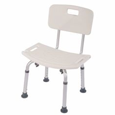 a white shower chair with wheels and backrests on an isolated white background, viewed from the side