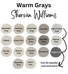 the different shades of gray and white are shown in this color chart for sherylin williams