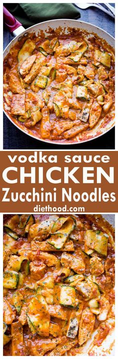 zucchini noodles with sauce and chicken in a pan