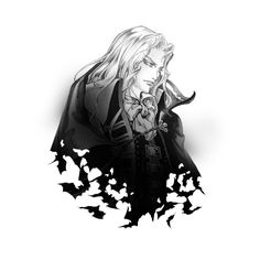 a black and white drawing of a man with long blonde hair wearing a coat, holding a bat