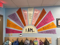 Large Boho sun hung on the wall with “I am” at the center. Rays with affirmations come out from the center. Kindness Wall Classroom, El Classroom Decor, Affirmation Wall Classroom, Elementary Hallway Decor, Study Hall Classroom Decor, Counseling Classroom Decor, Boho Art Classroom, Art Wall Preschool Classroom, Teacher Boards Bulletin Ideas