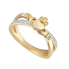 14K Gold Diamond Claddagh Crossover Ring - S21065 - CladdaghRING.com Claddagh Symbol, Gold Claddagh Ring, Hinged Ring, Claddagh Ring, Crossover Ring, Malachite Pendant, Diamond Face, Claddagh Rings, Irish Jewelry