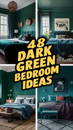 green bedroom decorating ideas for dark green walls and wood flooring, with text overlay reading'48 dark green bedroom bed room ideas '