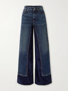 Find STELLA MCCARTNEY Corduroy Trimmed High-rise Wide-leg Jeans on Editorialist. The contrasting textures of Stella Mc Cartney's jeans make them feel so fresh. Cut from denim, they're paneled with tonal corduroy along the hem and inseam, creating a wide-leg shape. Wear yours with a trucker jacket or tucked-in blouse. Wide Leg Jeans With Contrast Stitching, Luxury High-waisted Denim Pants, Luxury Wide-leg Jeans With Pockets, Luxury Wide Leg Jeans With Seam Detailing, Stella Mccartney Jeans, High Rise Wide Leg Jeans, Floral Dresses Short, Sports Skirts, Sport Swimwear