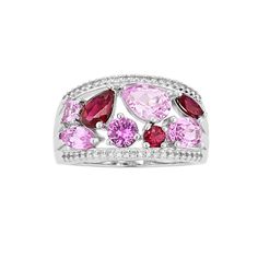 This stunning ring features a combination of vibrant pink, red and white stones that creates an elegant and eye-catching design, and makes it the perfect piece for adding a touch of luxury and sophistication to any outfit. Click on this JEWELRY & WATCHES GUIDE to learn about fit, styles, materials and more! This stunning ring features a combination of vibrant pink, red and white stones that creates an elegant and eye-catching design, and makes it the perfect piece for adding a touch of luxury an Valentine's Day Pink Ruby Ring, Pink Ring With Sparkling Stones, Pink Crystal Ring With Accent Stones In Cubic Zirconia, Pink Ruby Ring With Cubic Zirconia Accent Stones, Pink Ruby Ring With Accent Stones In Cubic Zirconia, Pink Ruby Ring With Accent Stones, Pink Crystal Ring With Sparkling Stones For Anniversary, Pink Crystal Ring With Accent Stones For Anniversary, Pink Ruby Jewelry With Accent Stones