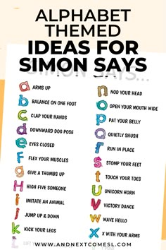 an alphabet poster with the words'alphabets for simon says '