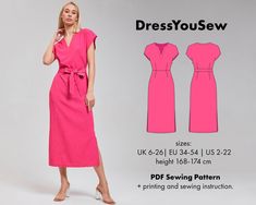 a women's dress sewing pattern with the front and back view of it in pink