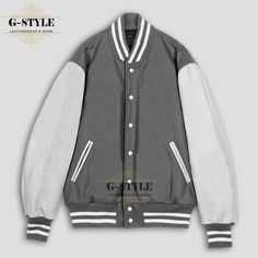 This is Grey & White Varsity Jacket is made of High Quality Wool and Cowhide Leather Sleeves. The Front of this Jacket is Snaps Closure. Collar and Cuffs of the Jacket are Rib Knitted.  It has Four Pockets (Genuine Leather trim is used on the Pockets).  Polyester Quilted Lining is used inside to make you feel warm and comfortable. NOTE: ● Please look at the product images and carefully select your required size. ● Product color may vary due to photographic lighting sources or your monitor settin Grey Varsity Jacket Outfit, White Stand Collar Outerwear For College, Fitted Varsity Jacket With Pockets For Streetwear, White Varsity Jacket With Stand Collar For Fall, Fitted Long Sleeve Varsity Jacket With Pockets, Fitted Long Sleeve Sport Coat For Streetwear, Varsity Windbreaker With Pockets For Fall, Fall Varsity Windbreaker With Pockets, Fitted Varsity Jacket With Pockets For Winter