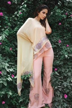 Shop for Laxmishriali Yellow Georgette Asymmetric Top And Pant Set for Women Online at Aza Fashions Haldi Dress, Embroidered Motifs, Asymmetric Top, Palazzo Set, Draped Skirt, Boutique Dress Designs, Top And Pants Set, Sharara Set, Pattern Embroidery