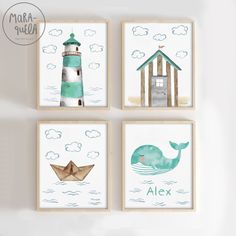 four framed art prints with animals and lighthouses on the wall next to each other