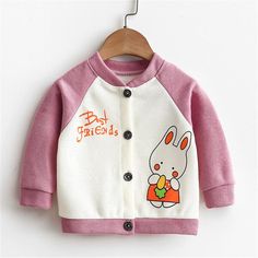 Rabbit Pattern Coat for Toddler Girl - PrettyKid Casual Cartoon Print Outerwear For Spring, Casual Outerwear With Cartoon Print For Spring, Playful White Long Sleeve Outerwear, Pink Long Sleeve Outerwear With Cartoon Print, Cotton Hooded Outerwear With Cartoon Print, Hooded Cotton Outerwear With Cartoon Print, Pink Cartoon Print Outerwear For Fall, Pink Outerwear With Cartoon Print For Fall, Cute Cartoon Print Long Sleeve Outerwear