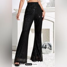 Brand New - Never Worn Black Sequin Flare Pants With Zipper! Fitted Around The Thighs And Then Flares At The Bottom. Size Small Sequin Flare Pants Black, Sequin Pants Flare, Black Sparkle Flare Pants, Sparkly Flare Leggings, Sparkly Pants, Sequin Flare Pants, Taylor Swift Tour Outfits, Sequin Pants, Party Pants