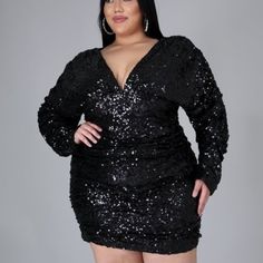 Glittery Sequin Dress With Long Ruched Sleeves, Shoulder Pads, And V-Neck. This Dress Has A Back Zipper Closure In Addition To A Back Tie And Ruched Bodice. The Model Is Wearing A Size 1x And Her Measurements Are As Follows: Bust:45" Waist: 39' Hips: 49" Height: 5'8 Colors: Black, Rose Gold * I'm Firm On This Price. But I Would Be More Inclined To Discount If Bundled With Multiple Items * Please Read Updated Inventory Count: Black 1x Only. Fabric: 69% Polyester ,23% Nylon, 8% Spandex Rose Gold Sequin Dress Short Plus Size, Black Glitter Dress Short Plus Size, Black Sequin Dress Short Plus Size, Dinner Dress Evening Short Plus Size, Plus Size Sparkly Romper, Plus Size Mini Dresses, Lace Dress Styles, Outfits Petite, Dress Sequin