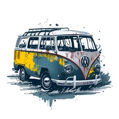 an old vw bus painted with paint splatters on it's side