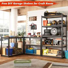 a garage shelving unit with lots of storage