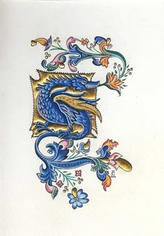 a drawing of a blue dragon with flowers and leaves on it's back side