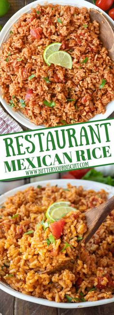 mexican rice in a bowl with limes and tomatoes on the side