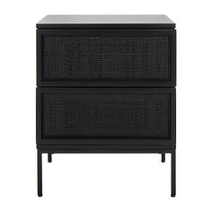 the side table with two drawers is black and has wicker panels on each drawer