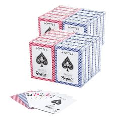 four playing cards in different colors and designs