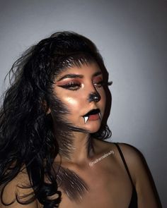 Werewolf Photoshoot, Werewolf Makeup Female, Wolf Costume Makeup, Wolf Into The Woods, Girls Wolf Costume, Trailer Park Pretty, Color Guard Makeup, Wolf Face Paint, Guard Makeup