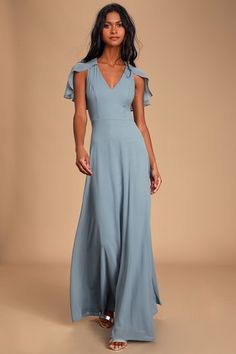 Dresses for Women | Best Women's Dresses Online Blue Flutter Sleeve Dress For Wedding, Blue Fitted Maxi Dress With Flutter Sleeves, Fitted Blue Maxi Dress With Flutter Sleeves, Blue Maxi Dress With Short Sleeves For Bridesmaid, Blue Short Sleeve Maxi Dress For Bridesmaids, Slate Blue Dress, Blue Dress With Sleeves, Party Moodboard, Blue Chiffon Maxi Dress