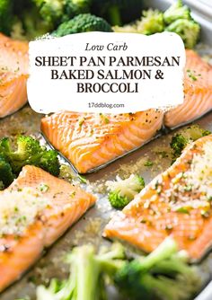 sheet pan parmesan baked salmon and broccoli with text overlay reading low carb sheet pan parmesan baked salmon & broccoli