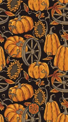 an orange and black background with pumpkins, wheels and leaves on it's sides