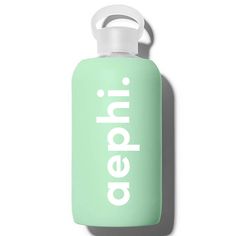 a light green water bottle with the word open in white on it's side