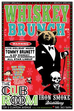 a poster for the whiskey brunch featuring a bear in a tuxedo