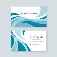 a blue and white business card with water waves on the front, and below it is a