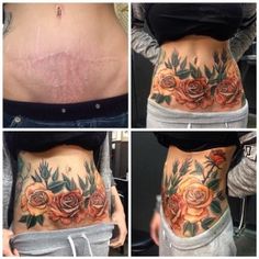 four pictures of different tattoos on the side of a woman's stomach, including roses and leaves