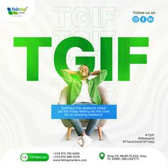 a woman sitting on top of a chair in front of a white background with the words tgif