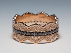 Black Diamond Eternity Wedding Ring.  This uncommon made-to-order black diamond eternity wedding ring is crafted with an intricate lace pattern. The natural diamonds are set in a beautiful pave setting around the wedding band. The unique lace pattern is scalloped on both sides giving this ring a Rose Gold Wedding Rings Women, Lace Ring Band, Black Diamond Ring Stack, Uncommon Wedding Rings, Intricate Wedding Band, Black Wedding Band For Women, Unique Gold Rings For Women, Unique Engagement Bands, Black Band Engagement Ring