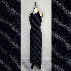 "An ultra flattering, clingy black gown with swirls of silvery glitter like bands of the Milky Way  By Jessica McClintock, Gunne Sax  No closures- pulls over head with crossed straps in the back Marked size 13/14 Estimated modern size medium (very stretchy)  Measurements: Bust: 34-38\" Waist: up to 32\" Hips: up to 42\" Shoulder to hem length: 60\" Condition: Excellent! All items are vintage, which means they may have flaws from age and wear. I will always describe any flaws and they will be not Jessica Mcclintock, Space Stars, Black Gown, Silver Glitter, Dress Clothes For Women, Sparkle, Dress Outfits, Glitter, Maxi Dress