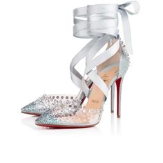 Christian Louboutin's Mechante Reine 40.5 Reimagines Cinderella's Glass Slipper Stiletto As If It Were Designed By A Maleficent Queen. Gone The Evanescence Of The Innocent Girl's Slipper, Which Gives Way To Iridescent Studs Of Varying Sizes Covering The Pvc Toe And Cloud Blue Suede Counter. An Elegant Ribbon Crosses Over The Foot Before Wrapping Around The Ankle, Above A Superfine 100mm Suede Heel. 4"/100mm Heel (Approximately). Pointed Toe. Crisscross Ribbon Ties. Suede-Covered Stiletto Heel. O Louboutin Wedding, Luxurious Shoes, High Heels Black, Fashion Shoes Heels, High Heels Boots, Louboutin Heels, Christian Louboutin Heels, Fancy Shoes, Christian Louboutin Women