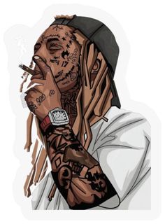 a drawing of a man with tattoos on his arm and hand in front of him