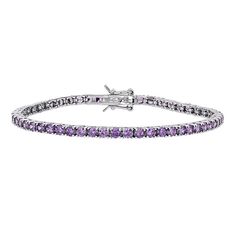 Lined from end to end with eye-catching purple cubic zirconia gemstones, this Stella Grace tennis bracelet is a colorful complement to your look. Lined from end to end with eye-catching purple cubic zirconia gemstones, this Stella Grace tennis bracelet is a colorful complement to your look. Length: 7 in. Metal: sterling silver Plating: rhodium Finish: polished Packaging: boxedSTONE DETAILS Stone type: purple cubic zirconia Total weight: 10 ct. Shape: round Setting: prong Gemstones may have been Luxury Purple Gemstone Tennis Bracelet, Luxury Purple Amethyst Tennis Bracelet, Cubic Zirconia Bracelet, Bracelet Clasps, Tennis Bracelet, Women Accessories Jewelry, Silver Bracelets, Womens Jewelry Bracelets, Online Jewelry