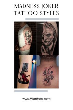 the back of a man's arm with tattoos on it and an image of a joker