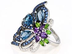 3.28ctw pear shape London blue topaz with .63ctw pear shape and .02ct round African amethyst, .36ctw marquise Russian chrome diopside, .94ctw round lab created blue spinel and .19ctw round white zircon, rhodium over sterling silver ring. Measures approximately 1.20"L x 1.29"W. Not sizeable. Black rhodium. Blue Spinel, Engagement Ideas, Pretty Jewelry, Broken Chain, Black Rhodium, Affordable Jewelry, Blue Gemstones, London Blue Topaz, Topaz Gemstone