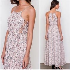 Beautiful Floral Halter Style Dress With Lace Up Sides. Fully Lined. Brand New With Tags Perfect To Wear To Spring Wedding, Baby Shower. Spring Wedding Dress With Tie Back, Summer Wedding Floral Dress, Summer Floral Print Midi Dress For Bridesmaid, Summer Floral Print Bridesmaid Midi Dress, Summer Bridesmaid Midi Dress With Floral Print, Summer Floral Dress For Wedding, Spring Bridesmaid Dress With Floral Print, Feminine Summer Floral Dress For Wedding, Summer Wedding Tie-back Maxi Dress