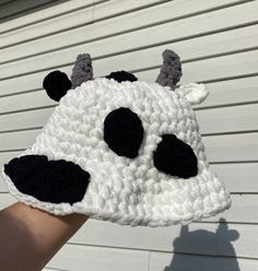 "Handmade crochet cow bucket hat made with soft & fluffy 100% polyester Bernat blanket yarn. Different colored cow hats are the exact same as the original white/black cow hat, the spots are the only thing that is a different color. Adult sizes: small (pictured): 23\"  large: 25\" Baby/kid sizes: newborn 14\"-16\"  toddler 18\"-20\" Measuring the circumference of your head before purchasing is recommended :) Adult size Small would better suit people with naturally thinner hair and/or older kids/t Crochet Cow Bucket Hat, Cow Bucket Hat, Cow Hat, Bernat Blanket, Bernat Blanket Yarn, Crochet Cow, Aesthetic Crochet, Crochet Bucket Hat, Black Cow