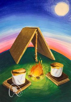 a painting of two cups sitting on top of a plate next to a campfire