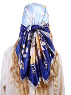 Achieve both style and comfort with our Floral Elegance Satin Turban Head Wrap. Made from soft material, it serves as a versatile chemo hat, headscarf, hijab, cap, and bandana. The elegant floral design adds a touch of sophistication, making it perfect for everyday wear or special occasions. Color : Navy Blue Material : Polyester Composition : 100% Polyester Size Length Width one-size 35.4 35.4 Elegant One Size Headband Bandana, Elegant Headband Style Bandana, Elegant Winter Headscarf, Blue One Size Headscarf For Spring, Elegant One Size Bandana Headband, Blue One Size Summer Headscarf, Elegant Adjustable Headscarf For Beach, Spring One-size Headwrap Scarf, One Size Turban With Scarf Headband