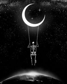 a skeleton sitting on a swing in the sky with a crescent above it and stars