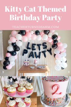 kitty cat themed birthday party with cupcakes and balloons