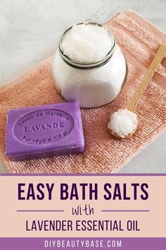 DIY lavender bath salts are INCREDIBLY easy to make! This super simple bath salt recipe takes 5 minutes to make and only needs Epsom salts, lavender essential oil and some carrier oil. I will show you how to make it and will share some tips that will make your bath salts as awesome as it gets. This recipe is great if you want a no fuss relaxing lavender bath salts or if you are in a rush and want to make an easy and inexpensive but very useful and awesome smelling DIY bath salts gift. #... Relaxing Bath Salts Diy Essential Oils, Making Bath Salts With Essential Oils, Epsom Salt Bath Recipe, Lavender Bath Salts Recipe, Diy Bath Salts With Essential Oils, Lavender Epsom Salt Bath Diy, Bath Salt Recipe, Lavender Epsom Salt