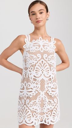 Self Portrait White Guipure Lace Mini Dress | Shopbop Sleeveless Lace Mini Dress With Lace Work, Fitted Sleeveless Crochet Lace Dress, Sleeveless Crochet Lace Dress For Party, Sleeveless Lace Mini Dress With Crochet Details, Chic Sleeveless Crochet Dress With Hollow Out, Sleeveless Crochet Lace Dress, White Sleeveless Crochet Dress With Hollow Details, Fitted Sleeveless Crochet Dress With Lace Trim, Sleeveless Crochet Dress With Scalloped Lace For Summer