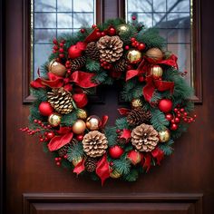 a christmas wreath with pine cones, red and gold ornaments hanging from the front door